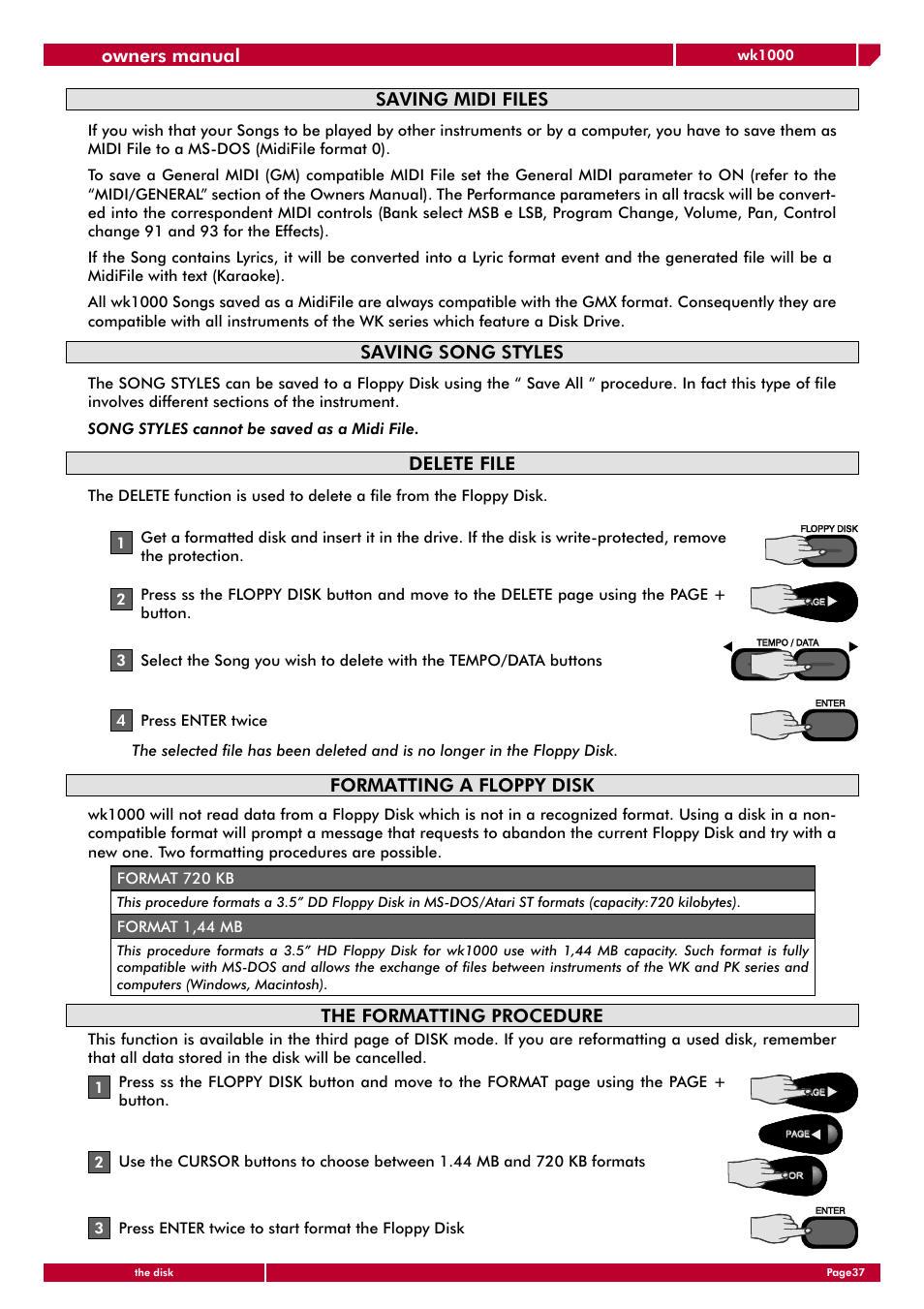 Saving midi files, Saving song styles, Delete file | Formatting a floppy disk, The formatting procedure, Owners manual | Generalmusic wk1000 User Manual | Page 43 / 72