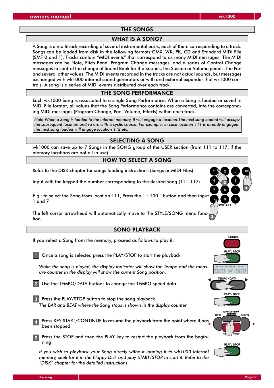 Owners manual, The songs, What is a song | The song performance, Selecting a song, How to select a song, Song playback | Generalmusic wk1000 User Manual | Page 45 / 72