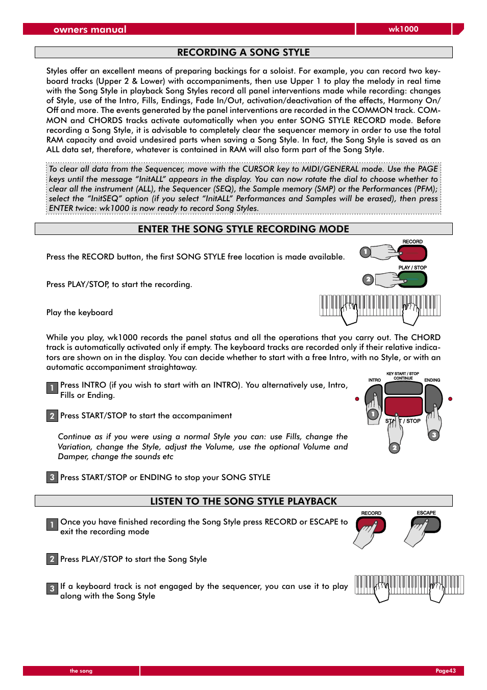Owners manual, Recording a song style, Enter the song style recording mode | Listen to the song style playback | Generalmusic wk1000 User Manual | Page 49 / 72