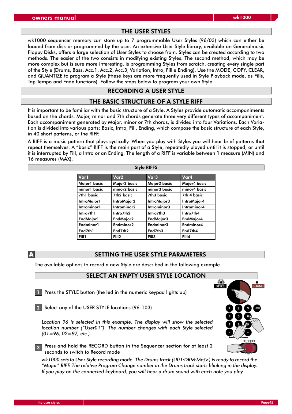Owners manual, The user styles, Select an empty user style location | The basic structure of a style riff | Generalmusic wk1000 User Manual | Page 51 / 72