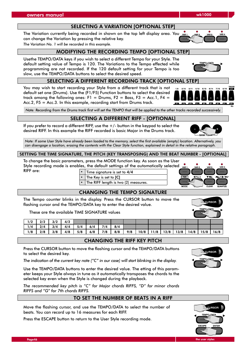 Owners manual, Selecting a variation [optional step, Modifying the recording tempo [optional step | Selecting a different riff - [optional, Changing the tempo signature, Changing the riff key pitch | Generalmusic wk1000 User Manual | Page 52 / 72