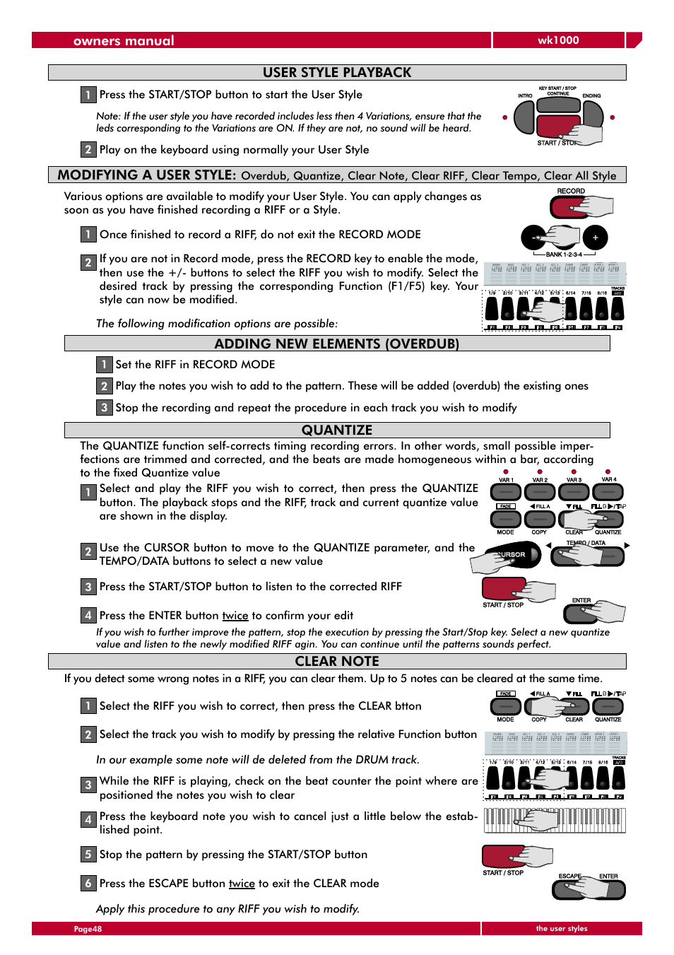 Owners manual, User style playback, Modifying a user style | Adding new elements (overdub), Quantize | Generalmusic wk1000 User Manual | Page 54 / 72