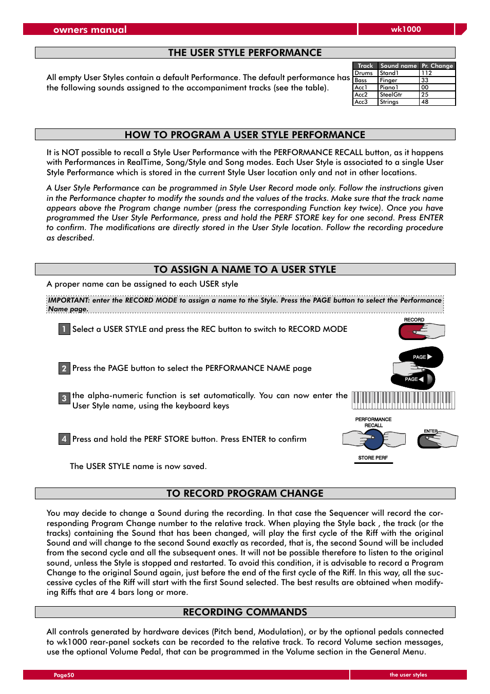 Owners manual, The user style performance, How to program a user style performance | Generalmusic wk1000 User Manual | Page 56 / 72