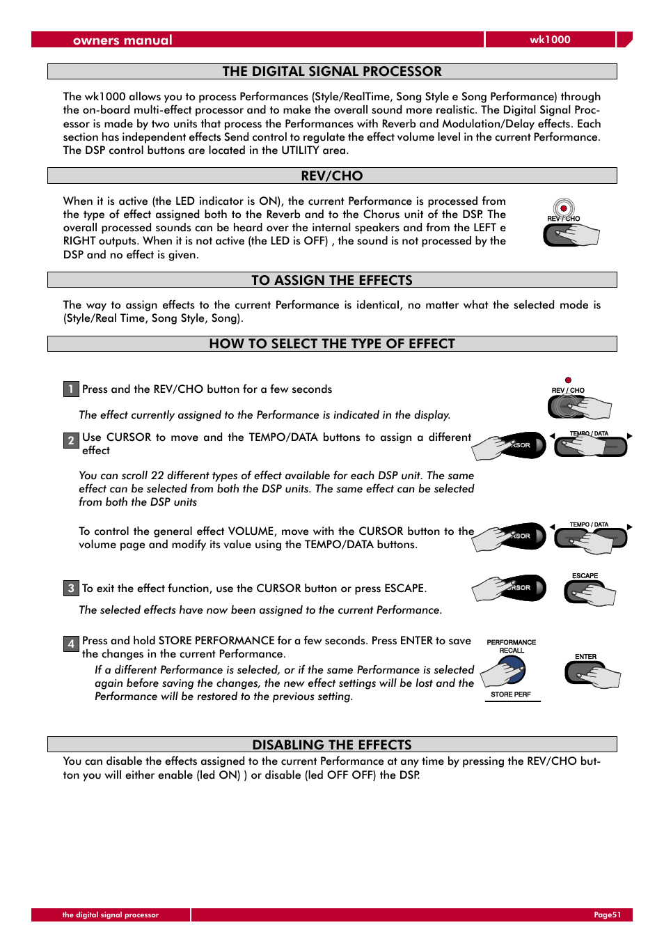 Owners manual, The digital signal processor, Rev/cho | How to select the type of effect, Disabling the effects | Generalmusic wk1000 User Manual | Page 57 / 72