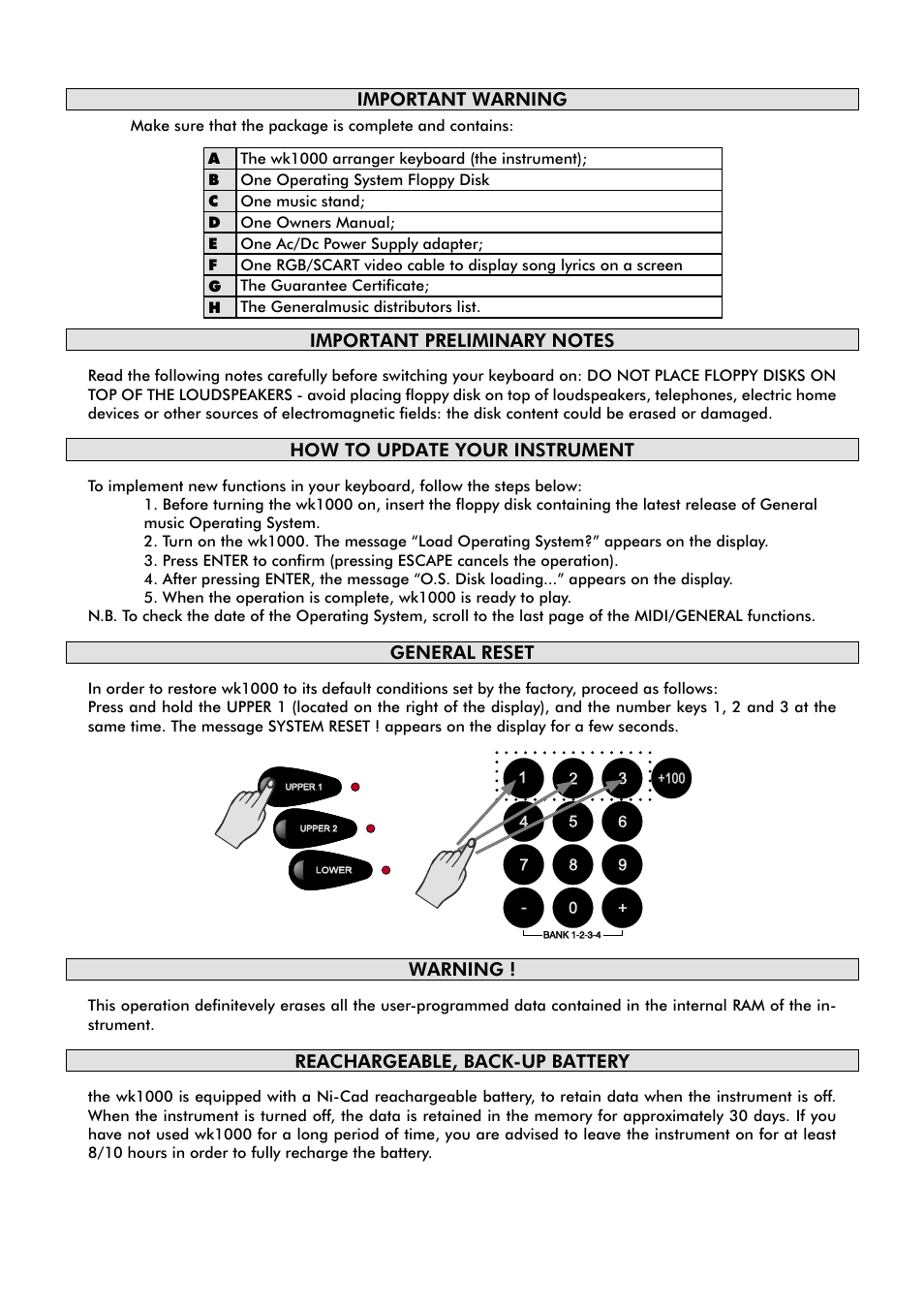 Important warning | Generalmusic wk1000 User Manual | Page 6 / 72