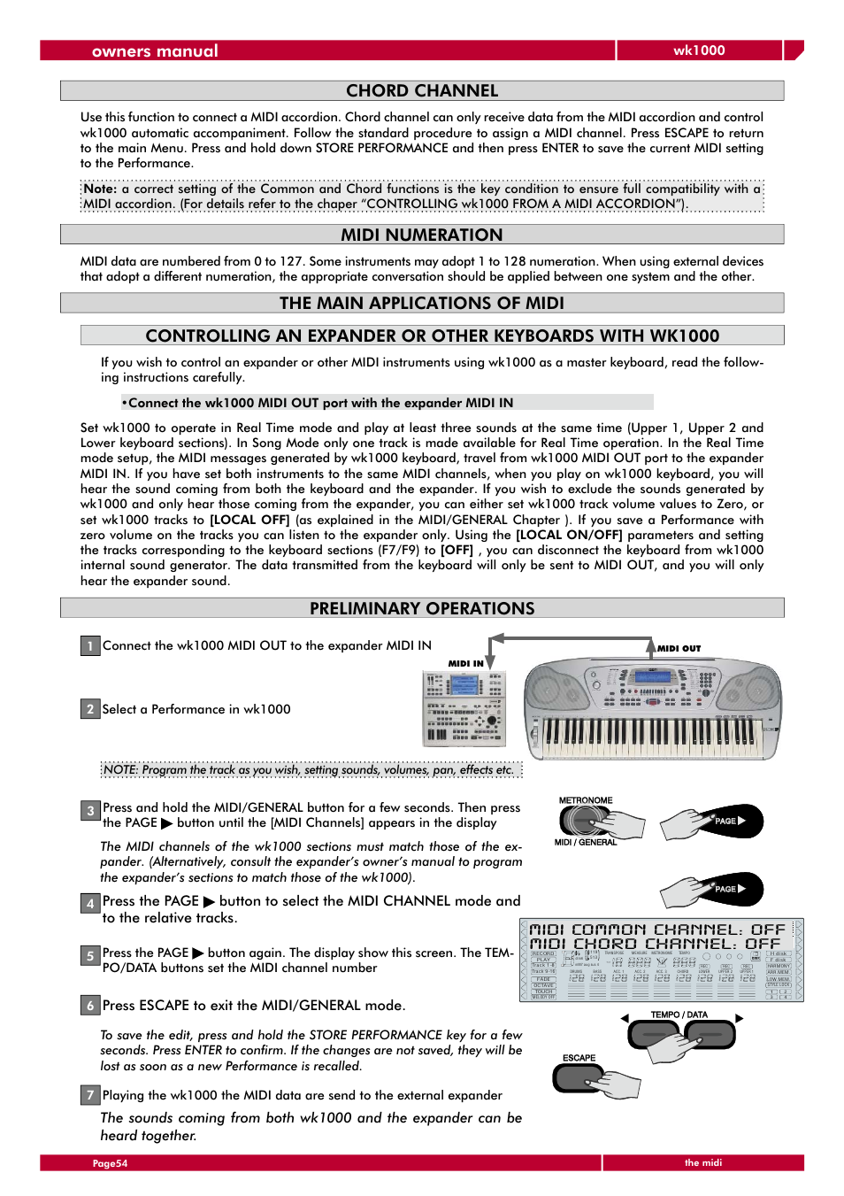 Owners manual, Chord channel, Midi numeration | Midi common channel: off midi chord channel: off, Press the page, Press escape to exit the midi/general mode, Wk1000 | Generalmusic wk1000 User Manual | Page 60 / 72