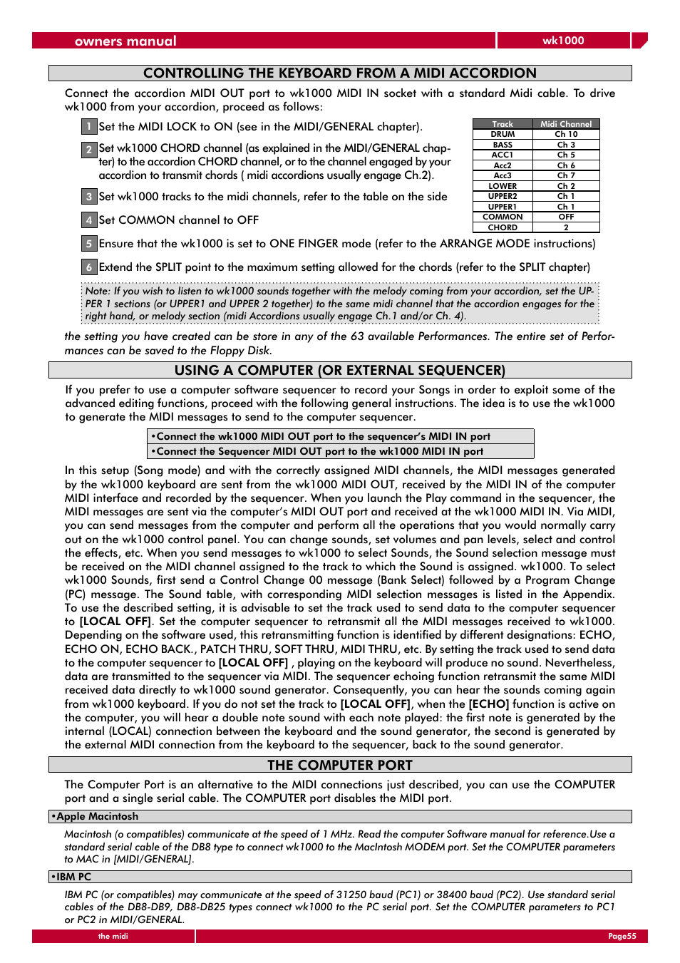 Owners manual, Controlling the keyboard from a midi accordion, Using a computer (or external sequencer) | The computer port | Generalmusic wk1000 User Manual | Page 61 / 72