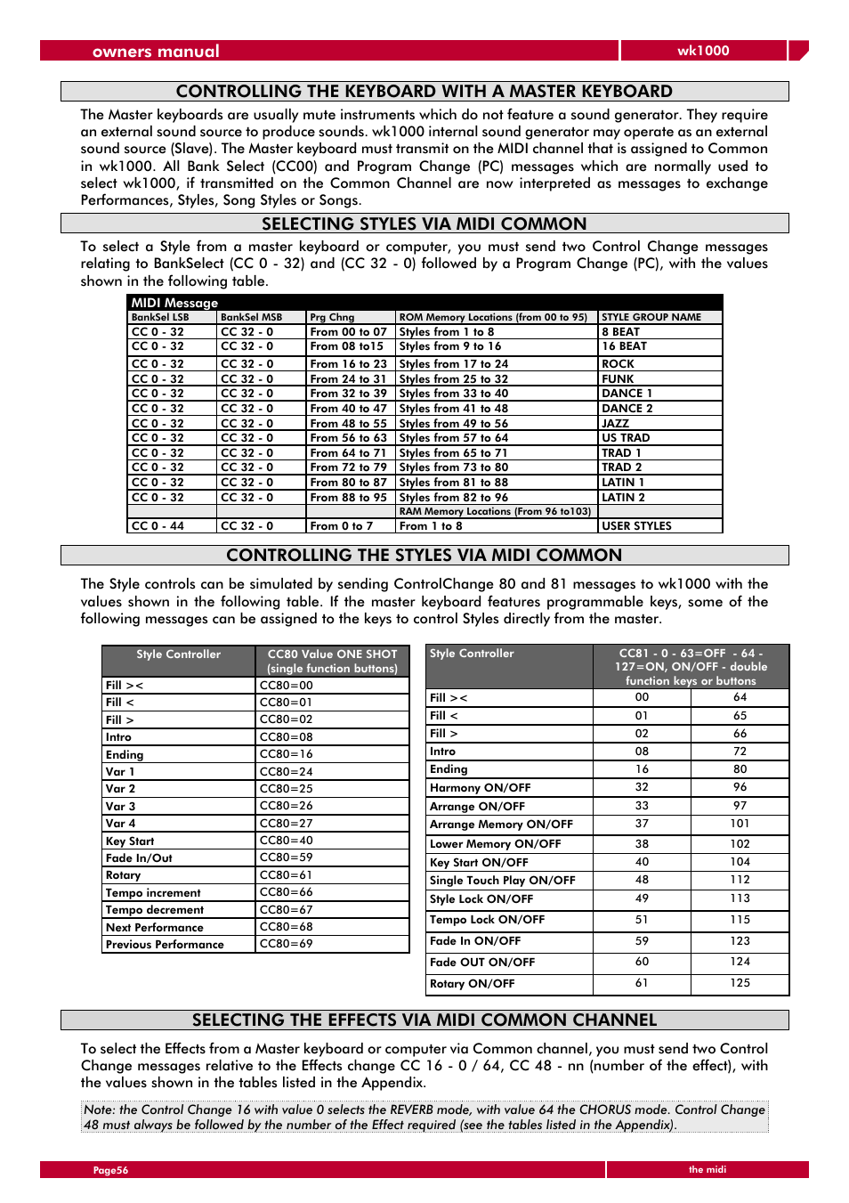 Owners manual, Controlling the keyboard with a master keyboard, Selecting styles via midi common | Controlling the styles via midi common, Selecting the effects via midi common channel | Generalmusic wk1000 User Manual | Page 62 / 72
