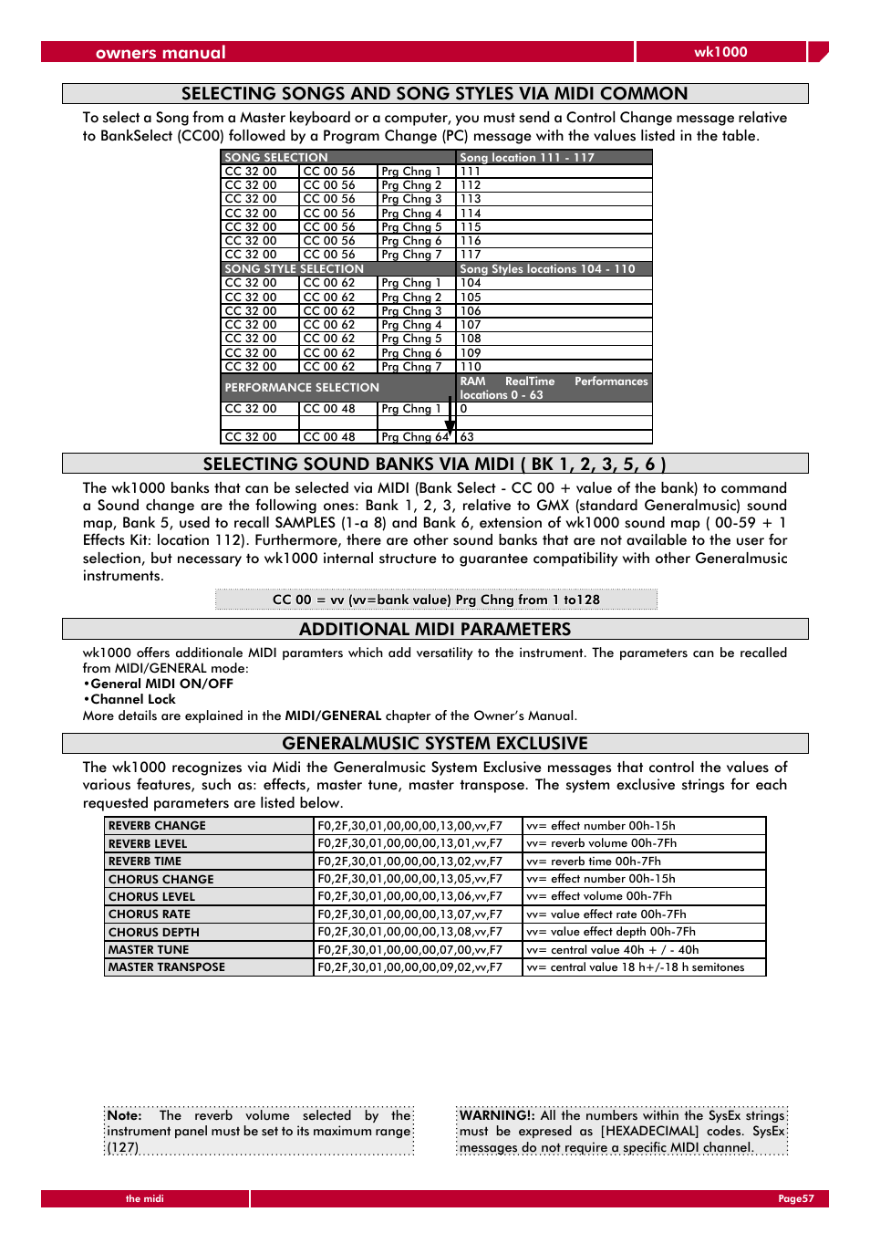 Owners manual, Selecting songs and song styles via midi common | Generalmusic wk1000 User Manual | Page 63 / 72