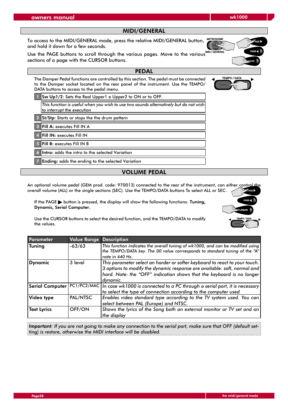 Owners manual, Midi/general, Pedal | Volume pedal | Generalmusic wk1000 User Manual | Page 64 / 72