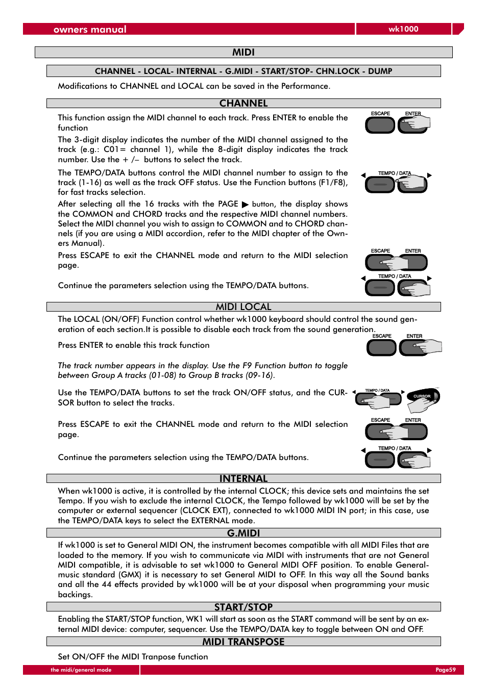 Owners manual, Midi, Channel | Midi local, Internal, G.midi, Start/stop midi transpose | Generalmusic wk1000 User Manual | Page 65 / 72