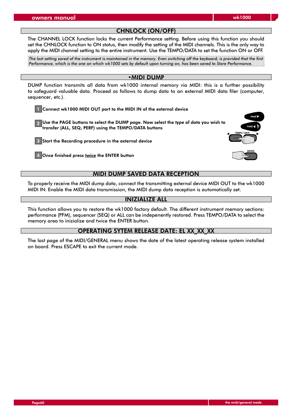 Owners manual, Chnlock (on/off), Midi dump | Midi dump saved data reception, Inizialize all, Operating sytem release date: el xx_xx_xx | Generalmusic wk1000 User Manual | Page 66 / 72