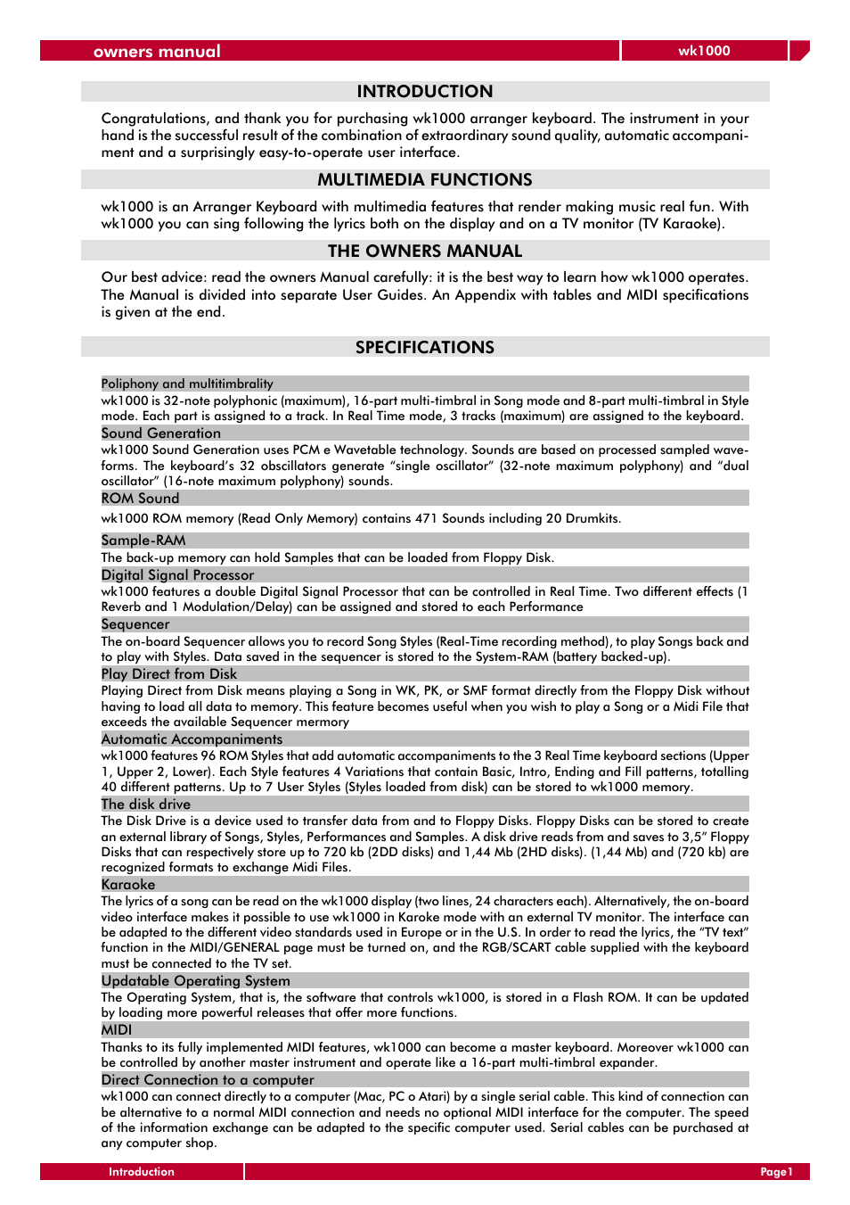 Owners manual, Introduction, Multimedia functions | The owners manual, Specifications | Generalmusic wk1000 User Manual | Page 7 / 72