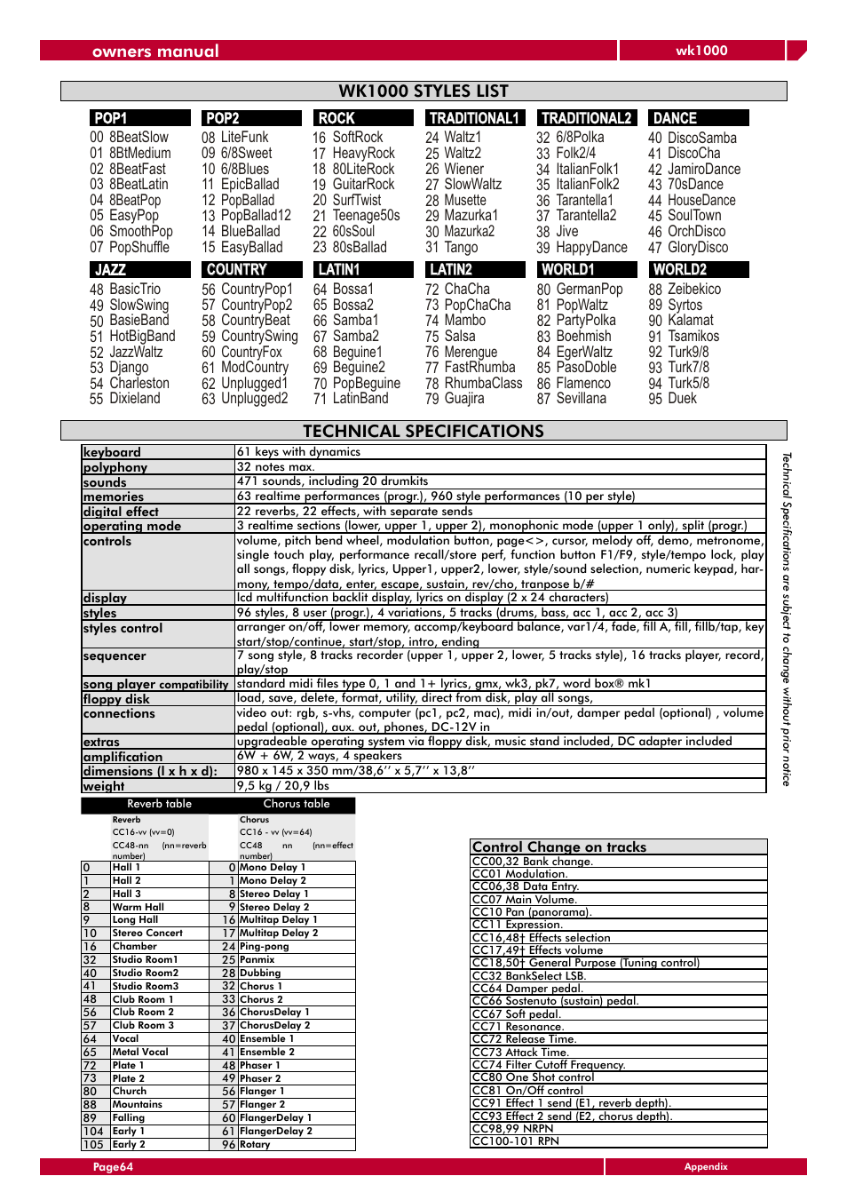 Wk1000 styles list, Technical specifications, Owners manual | Generalmusic wk1000 User Manual | Page 70 / 72