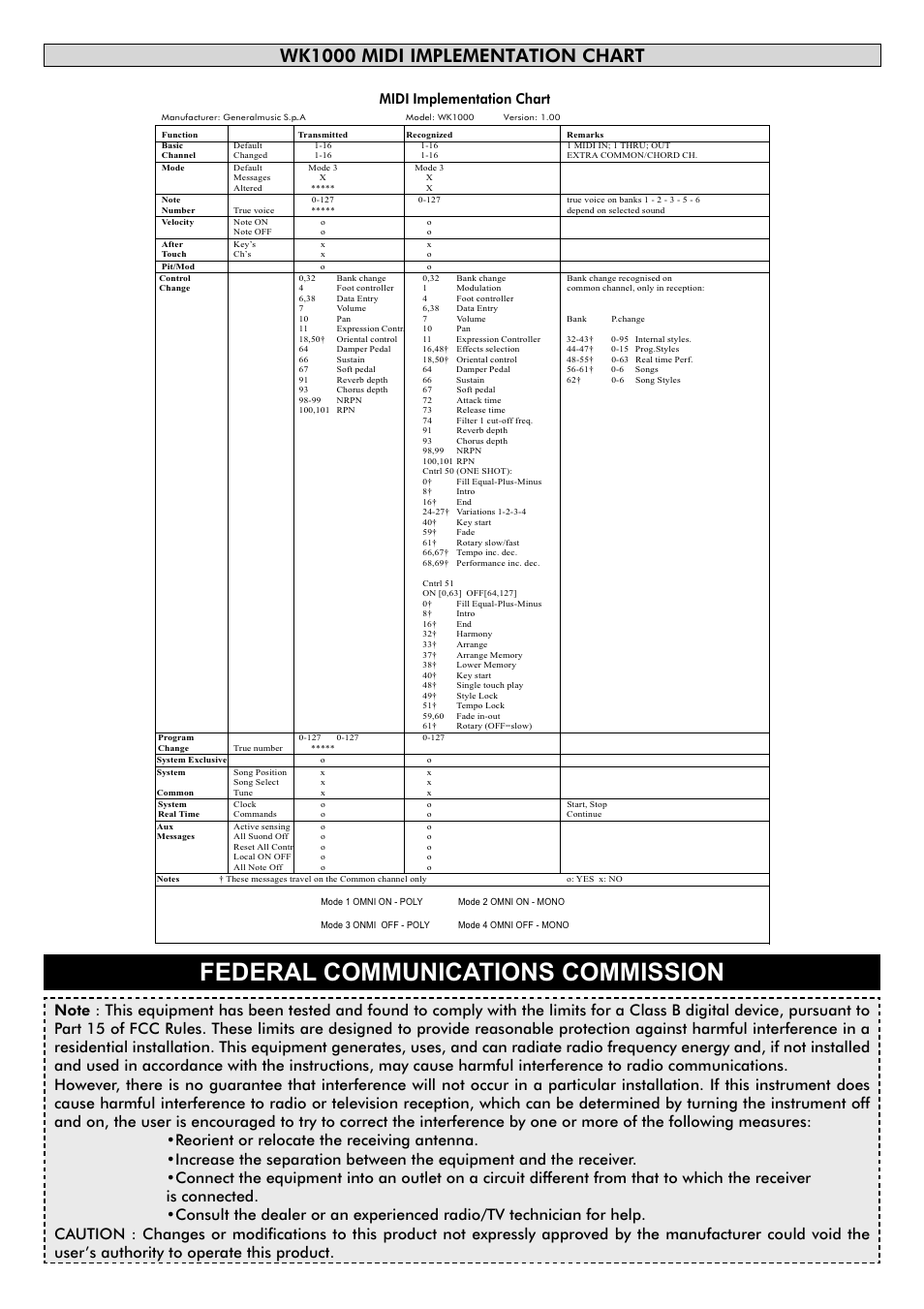 Federal communications commission, Wk1000 midi implementation chart, Ê«iiì>мк >àì | Generalmusic wk1000 User Manual | Page 71 / 72