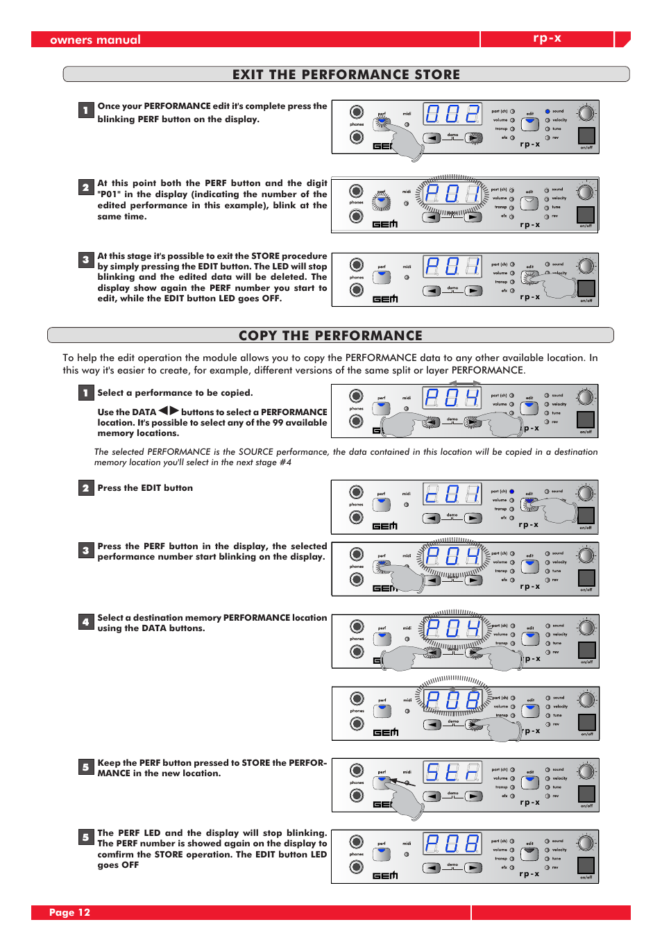 Rp-x, Exit the performance store copy the performance, Owners manual | Generalmusic RP-X User Manual | Page 16 / 24