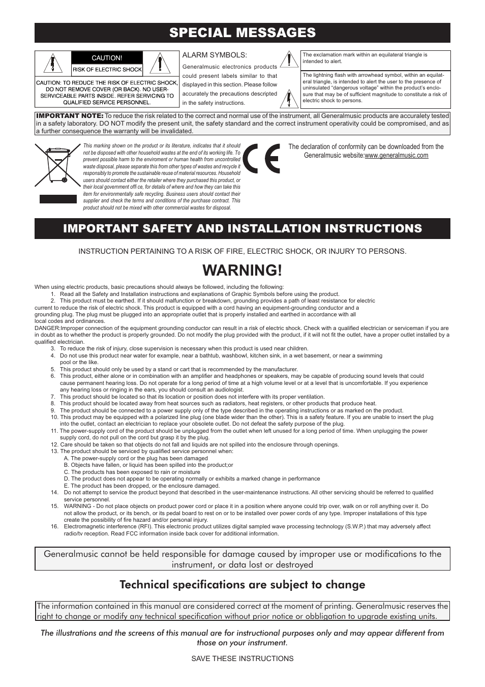 Warning, Special messages, Important safety and installation instructions | Technical specifi cations are subject to change | Generalmusic RP-X User Manual | Page 2 / 24