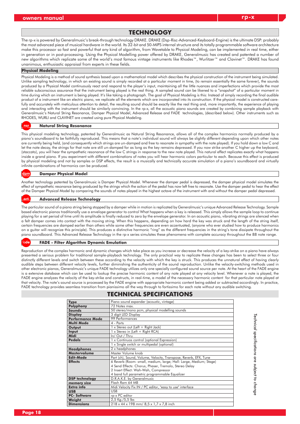 Rp-x technical specifications, Technology, Owners manual | Generalmusic RP-X User Manual | Page 22 / 24