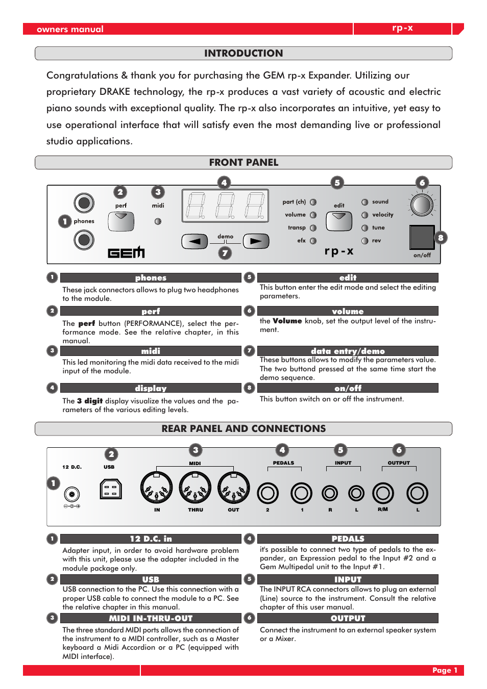 R p - x, Rp-x, Introduction front panel | Rear panel and connections | Generalmusic RP-X User Manual | Page 5 / 24