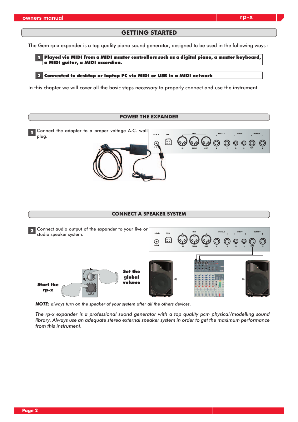 Rp-x, Getting started, Owners manual | 1power the expander, Page 2 | Generalmusic RP-X User Manual | Page 6 / 24