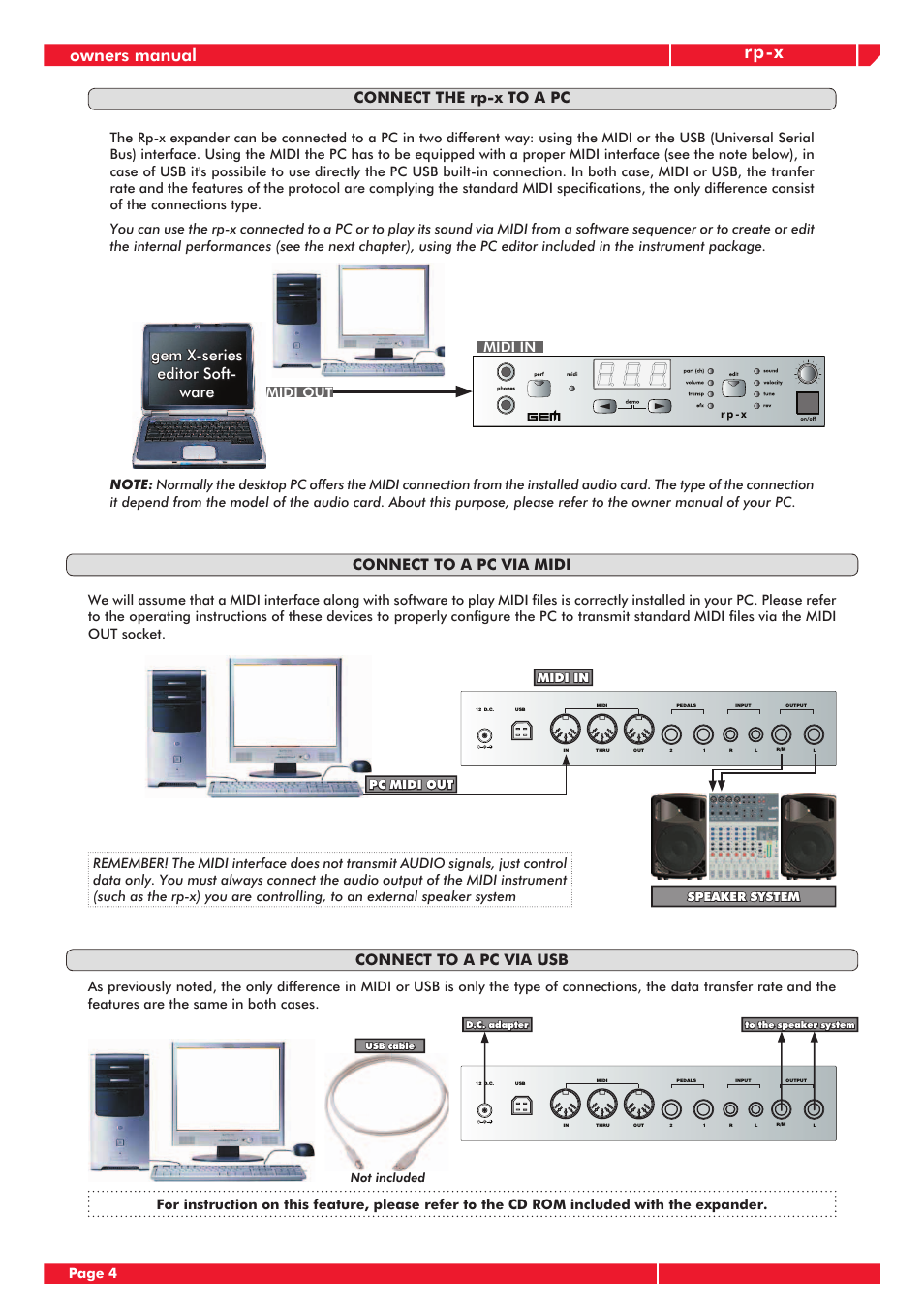Rp-x, Owners manual, Connect to a pc via midi connect to a pc via usb | Connect the rp-x to a pc, Gem x-series, Gem x-series editor soft- editor soft- ware ware, Page 4 | Generalmusic RP-X User Manual | Page 8 / 24