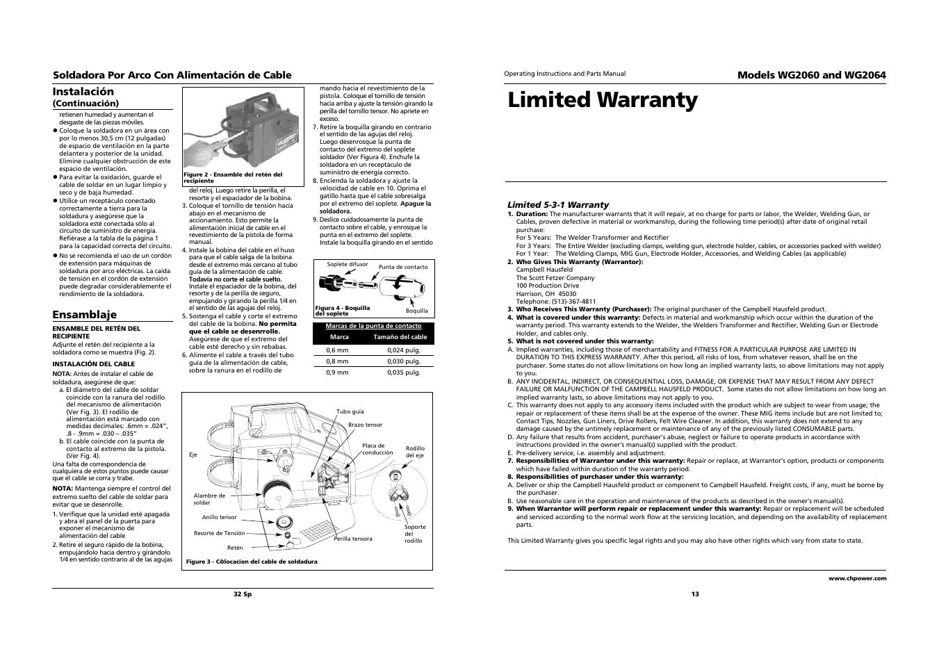 Limited warranty, Instalación, Ensamblaje | Soldadora por arco con alimentación de cable | Campbell Hausfeld WG2064 User Manual | Page 13 / 22