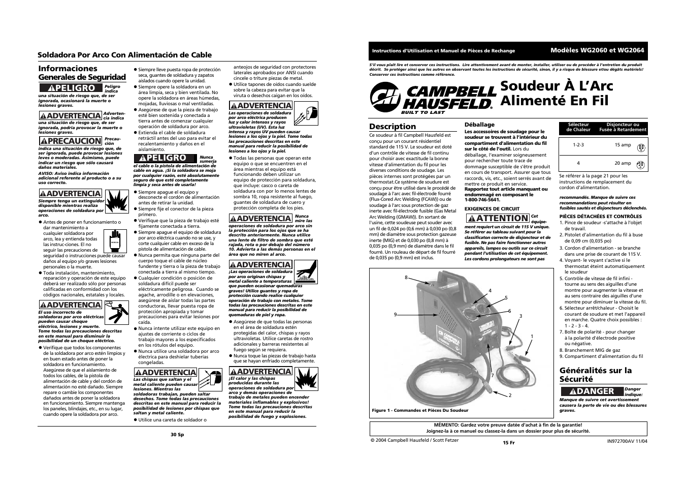 Soudeur à l’arc alimenté en fil, Peligro, Attention | Informaciones generales de seguridad, Precaucion, Généralités sur la sécurité, Danger, Description | Campbell Hausfeld WG2064 User Manual | Page 15 / 22