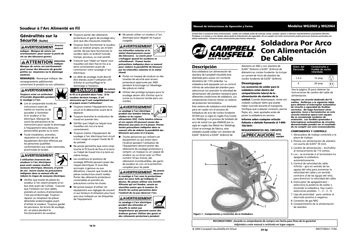 Soldadora por arco con alimentación de cable, Attention, Descripción | Precaucion, Généralités sur la sécurité, Danger, Soudeur à l’arc alimenté en fil | Campbell Hausfeld WG2064 User Manual | Page 16 / 22