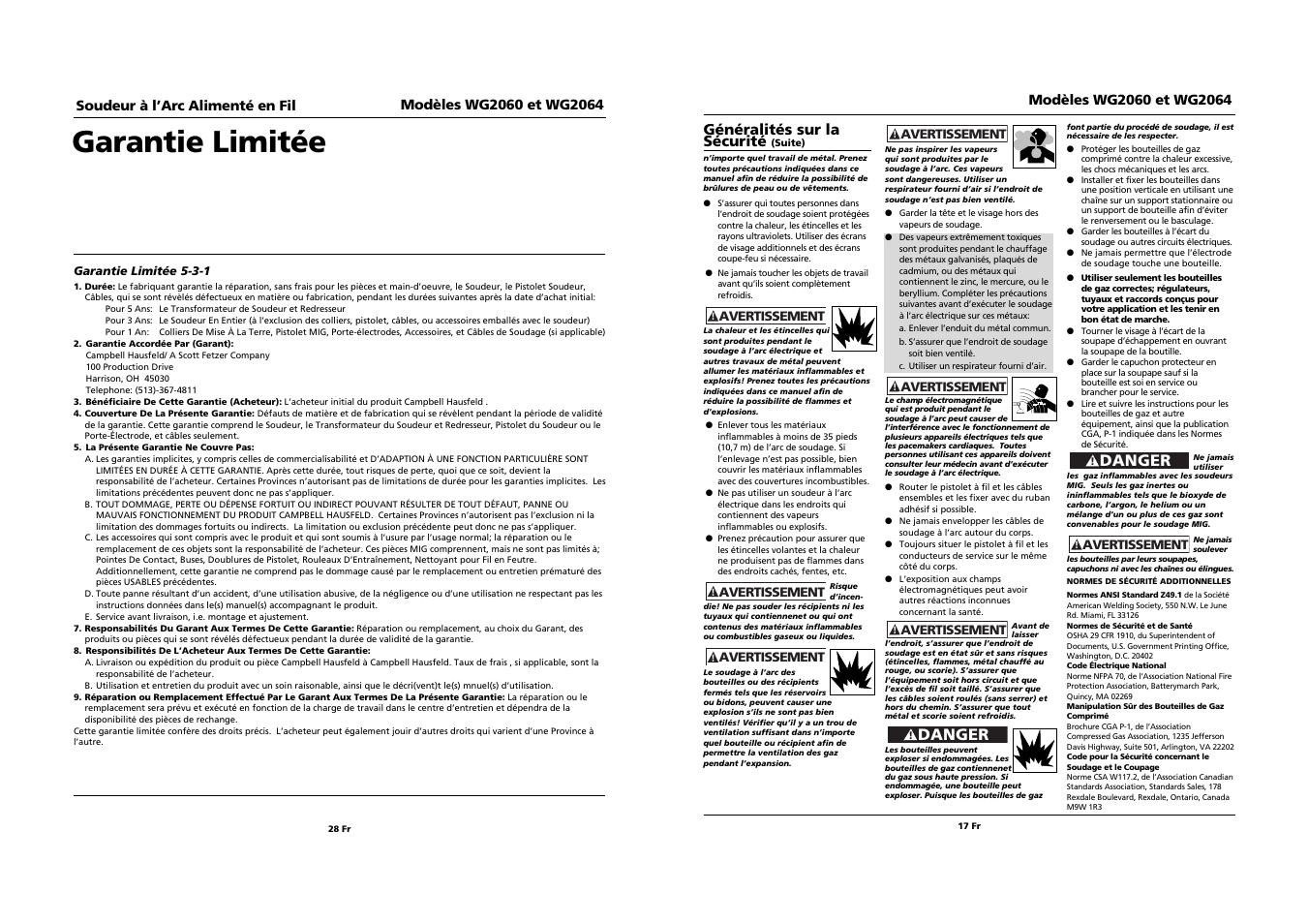 Garantie limitée, Généralités sur la sécurité, Danger | Campbell Hausfeld WG2064 User Manual | Page 17 / 22