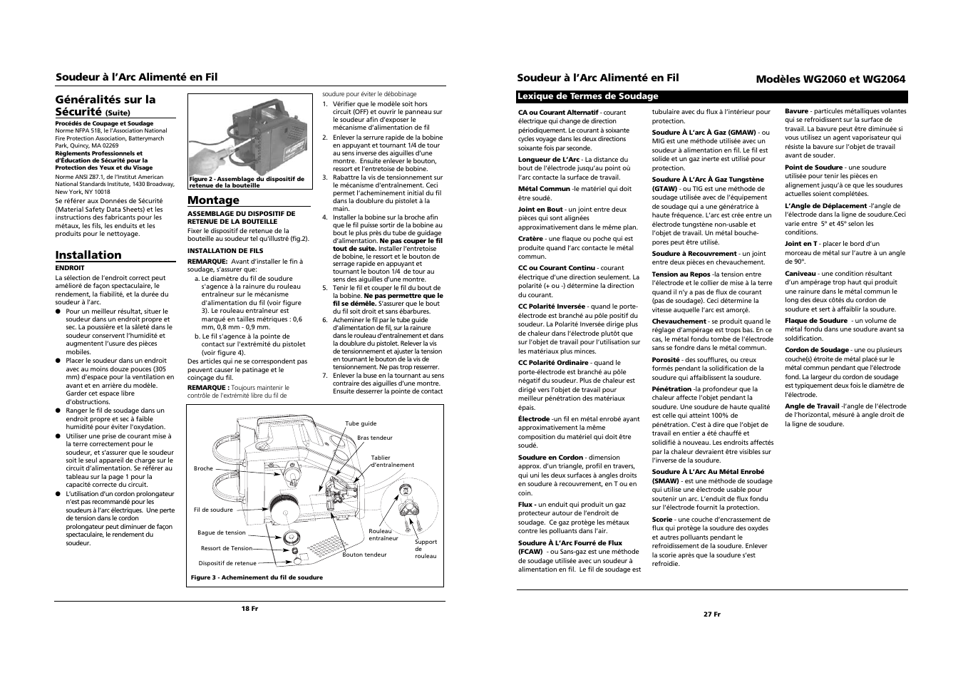 Montage, Généralités sur la sécurité, Installation | Soudeur à l’arc alimenté en fil | Campbell Hausfeld WG2064 User Manual | Page 18 / 22