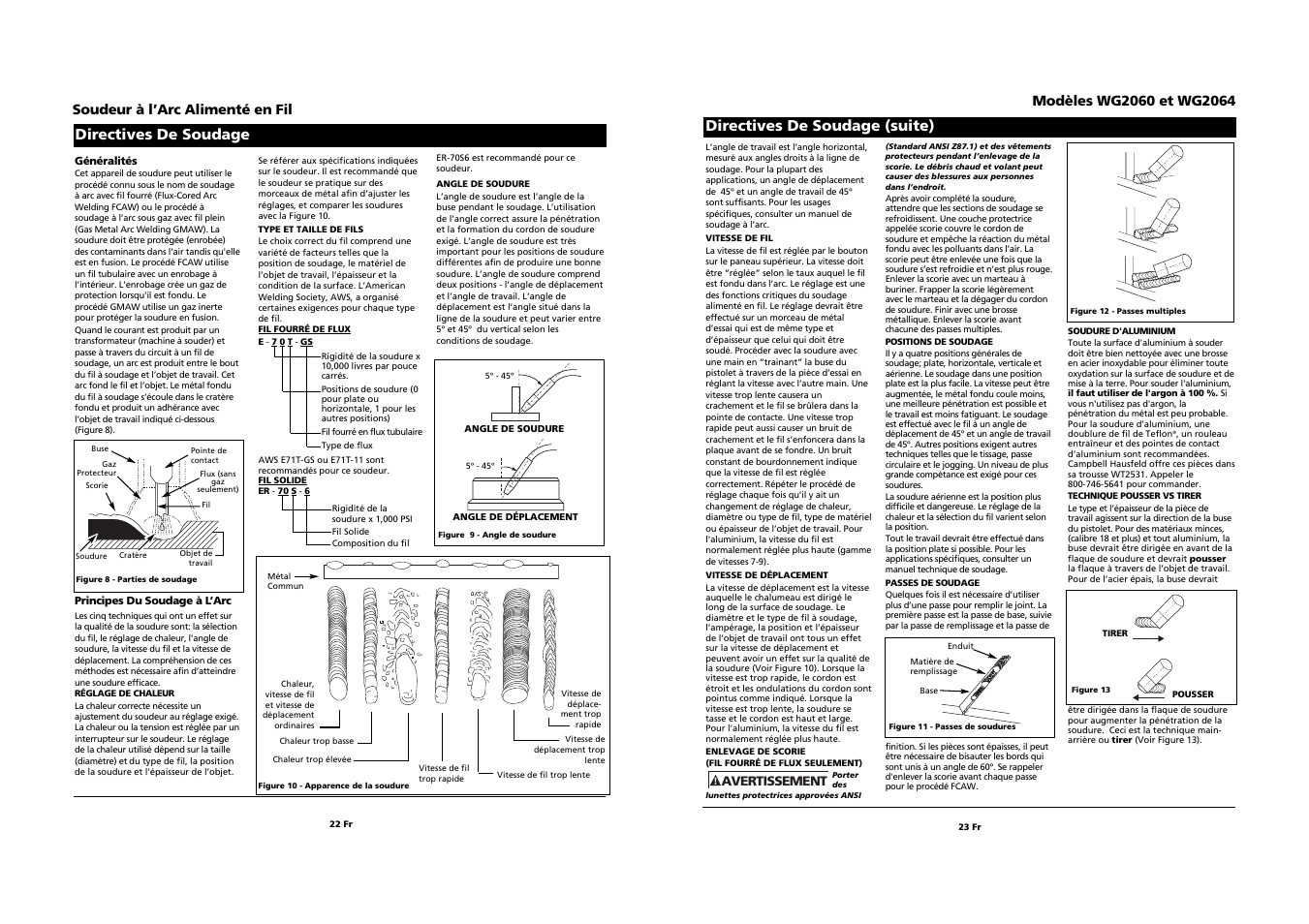 Directives de soudage, Directives de soudage (suite), Soudeur à l’arc alimenté en fil | Campbell Hausfeld WG2064 User Manual | Page 22 / 22