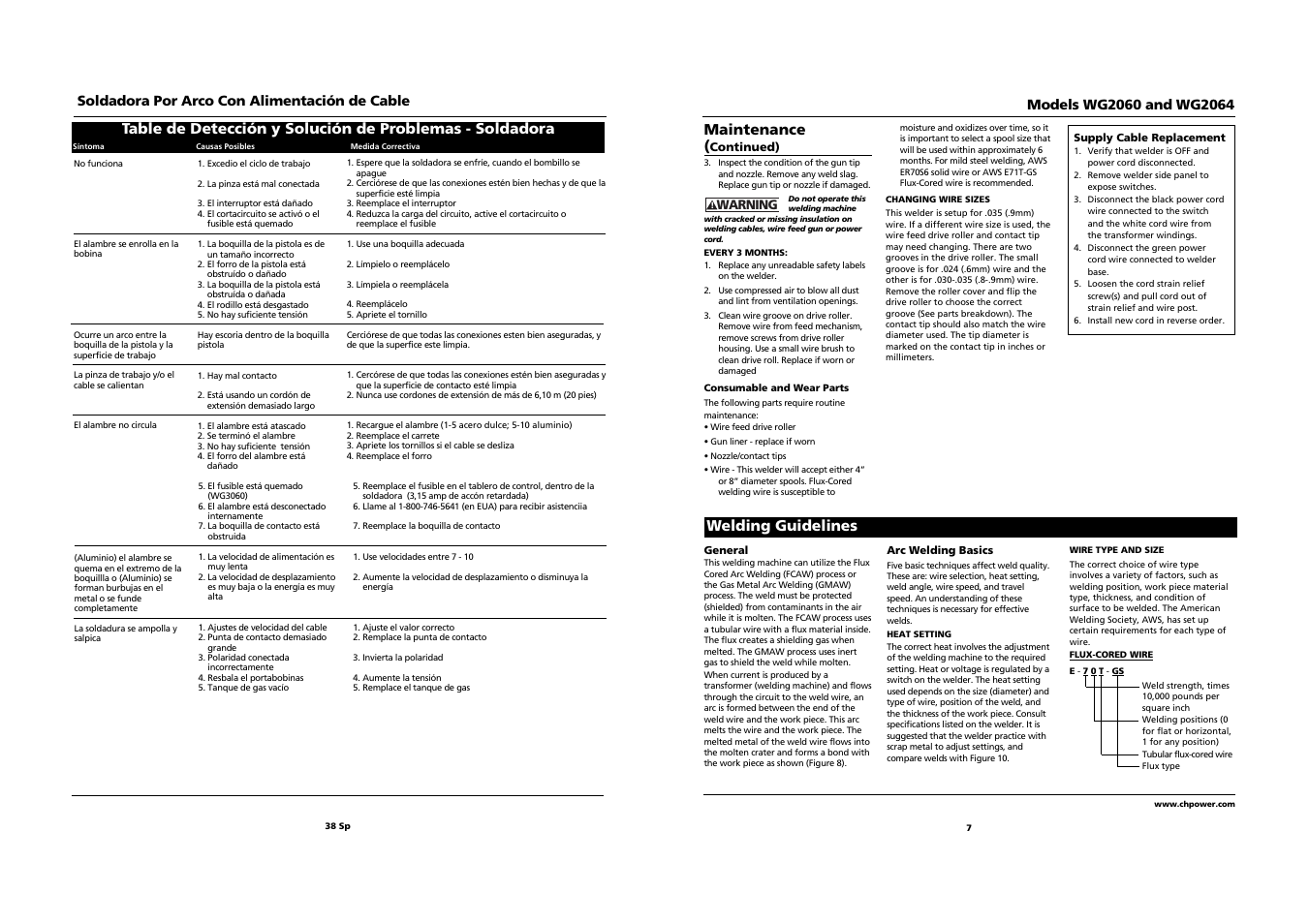 Welding guidelines, Maintenance, Soldadora por arco con alimentación de cable | Campbell Hausfeld WG2064 User Manual | Page 7 / 22