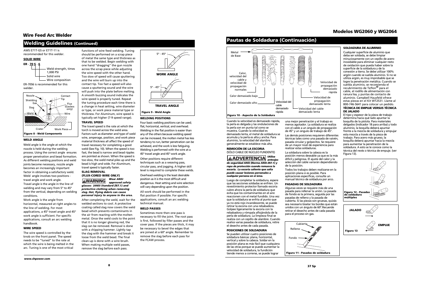 Pautas de soldadura (continuación), Welding guidelines, Advertencia | Wire feed arc welder | Campbell Hausfeld WG2064 User Manual | Page 8 / 22