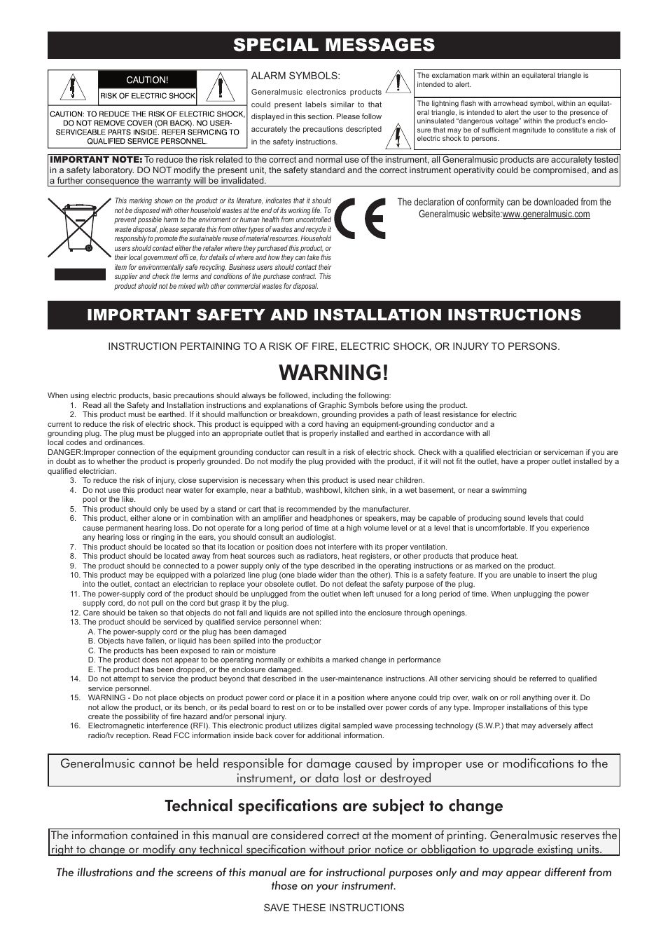Warning, Special messages, Important safety and installation instructions | Technical specifi cations are subject to change | Generalmusic GM-X User Manual | Page 2 / 24