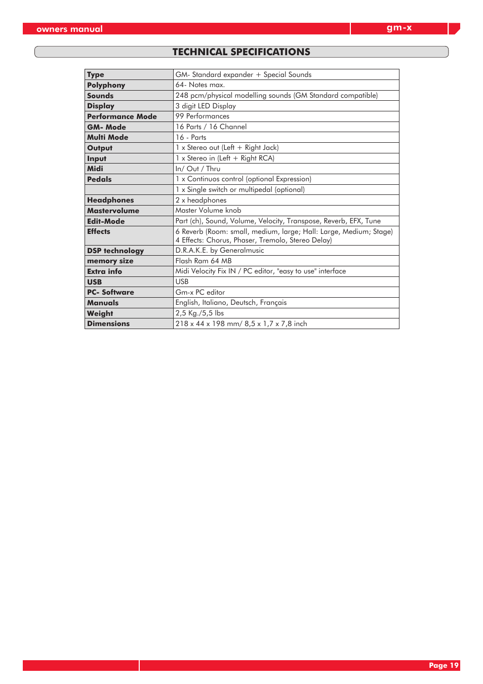Gm-x, Technical specifications | Generalmusic GM-X User Manual | Page 23 / 24