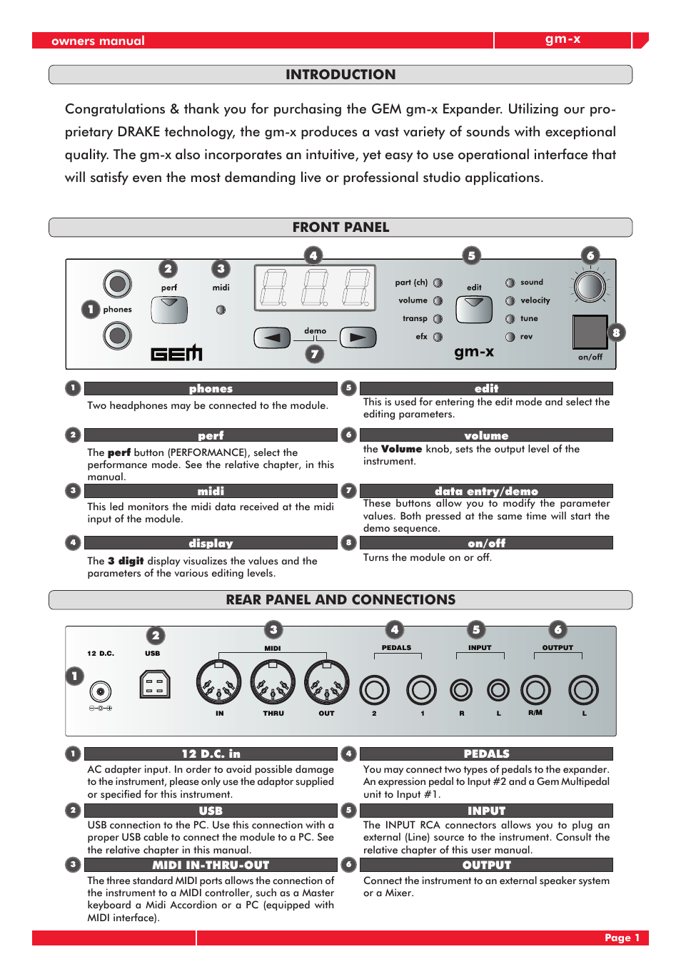 Gm-x, Introduction front panel, Rear panel and connections | Generalmusic GM-X User Manual | Page 5 / 24