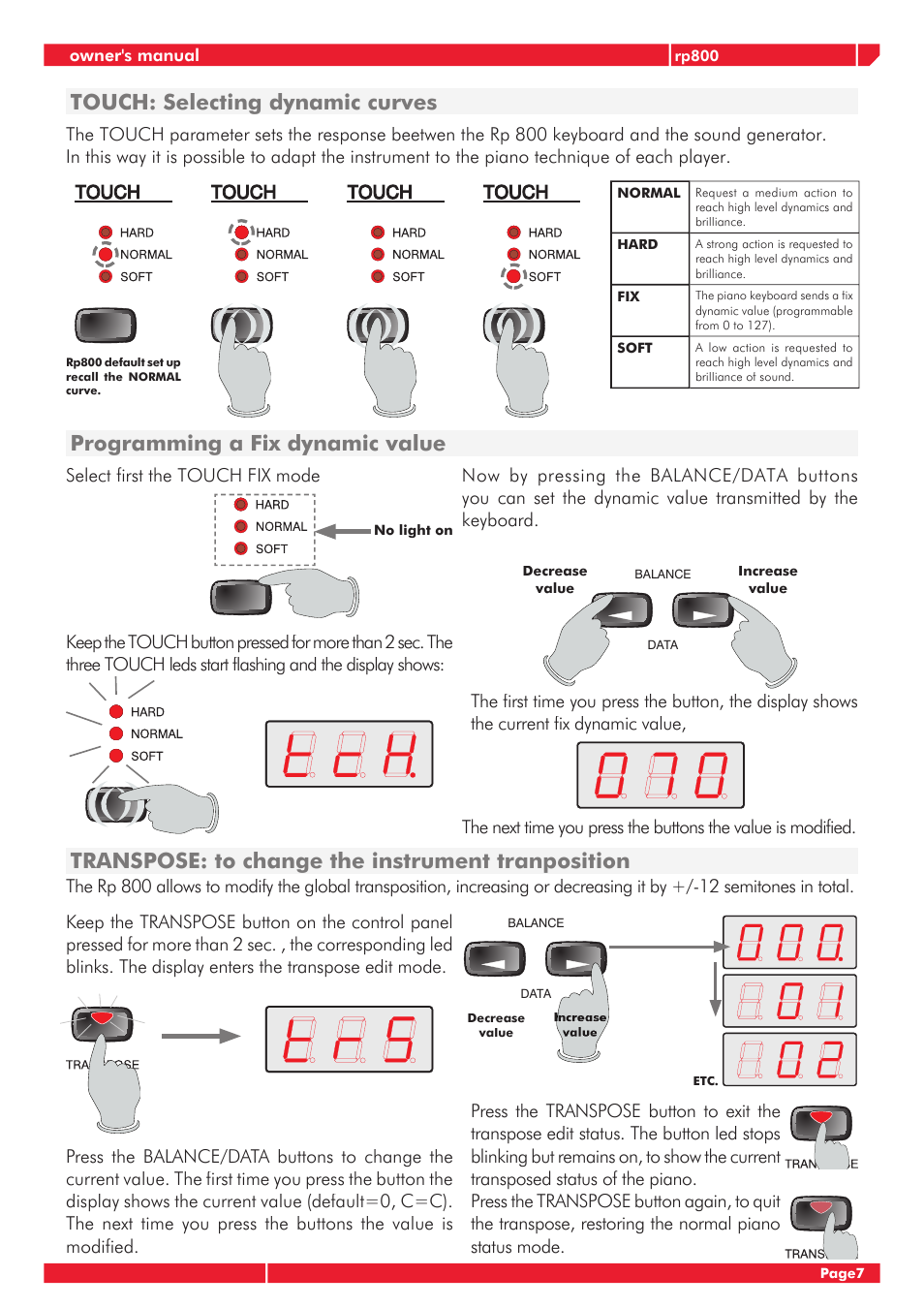 Touch: selecting dynamic curves, Programming a fix dynamic value, Transpose: to change the instrument tranposition | Generalmusic GRP-800 User Manual | Page 11 / 24