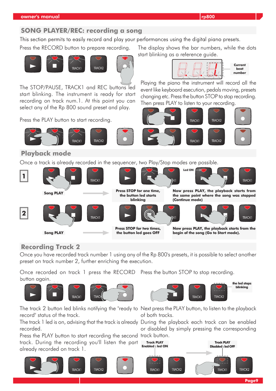 Song player/rec: recording a song, Recording track 2, Playback mode | Generalmusic GRP-800 User Manual | Page 13 / 24