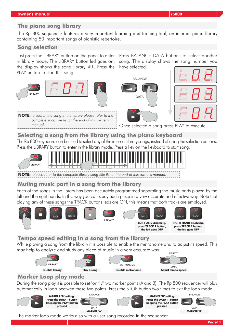 Marker loop play mode the piano song library, Song selection, Tempo speed editing in a song from the library | Once selected a song press play to execute | Generalmusic GRP-800 User Manual | Page 15 / 24