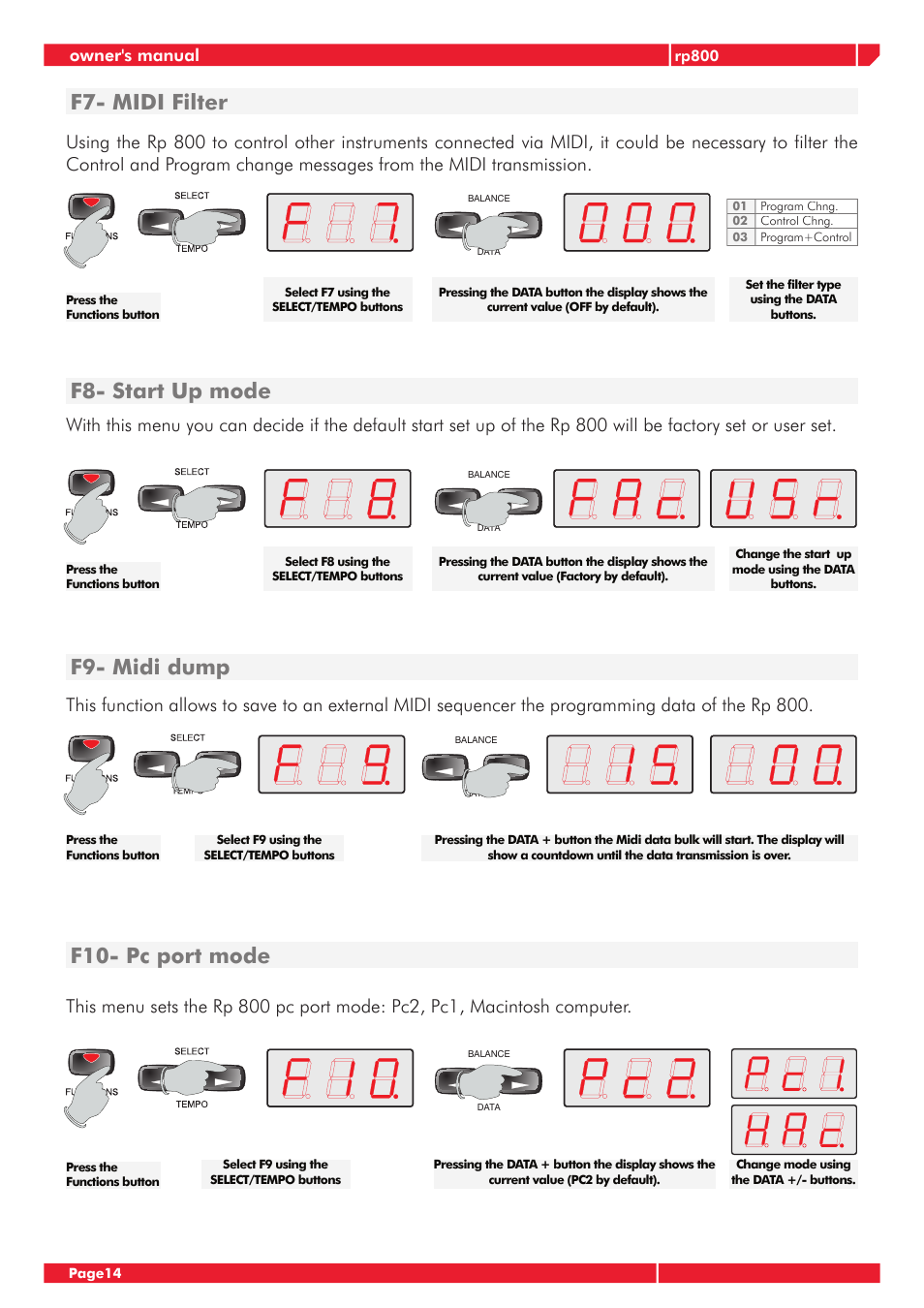 F8- start up mode, F9- midi dump, F10- pc port mode | F7- midi filter, Owner's manual | Generalmusic GRP-800 User Manual | Page 18 / 24