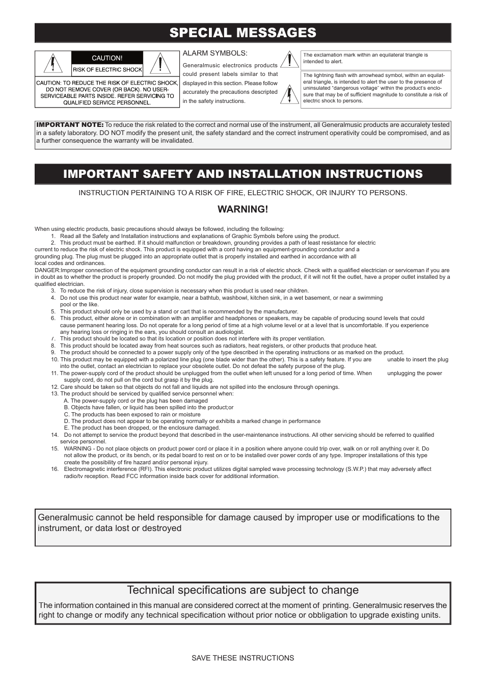 Special messages, Technical specifi cations are subject to change, Important safety and installation instructions | Warning | Generalmusic GRP-800 User Manual | Page 2 / 24