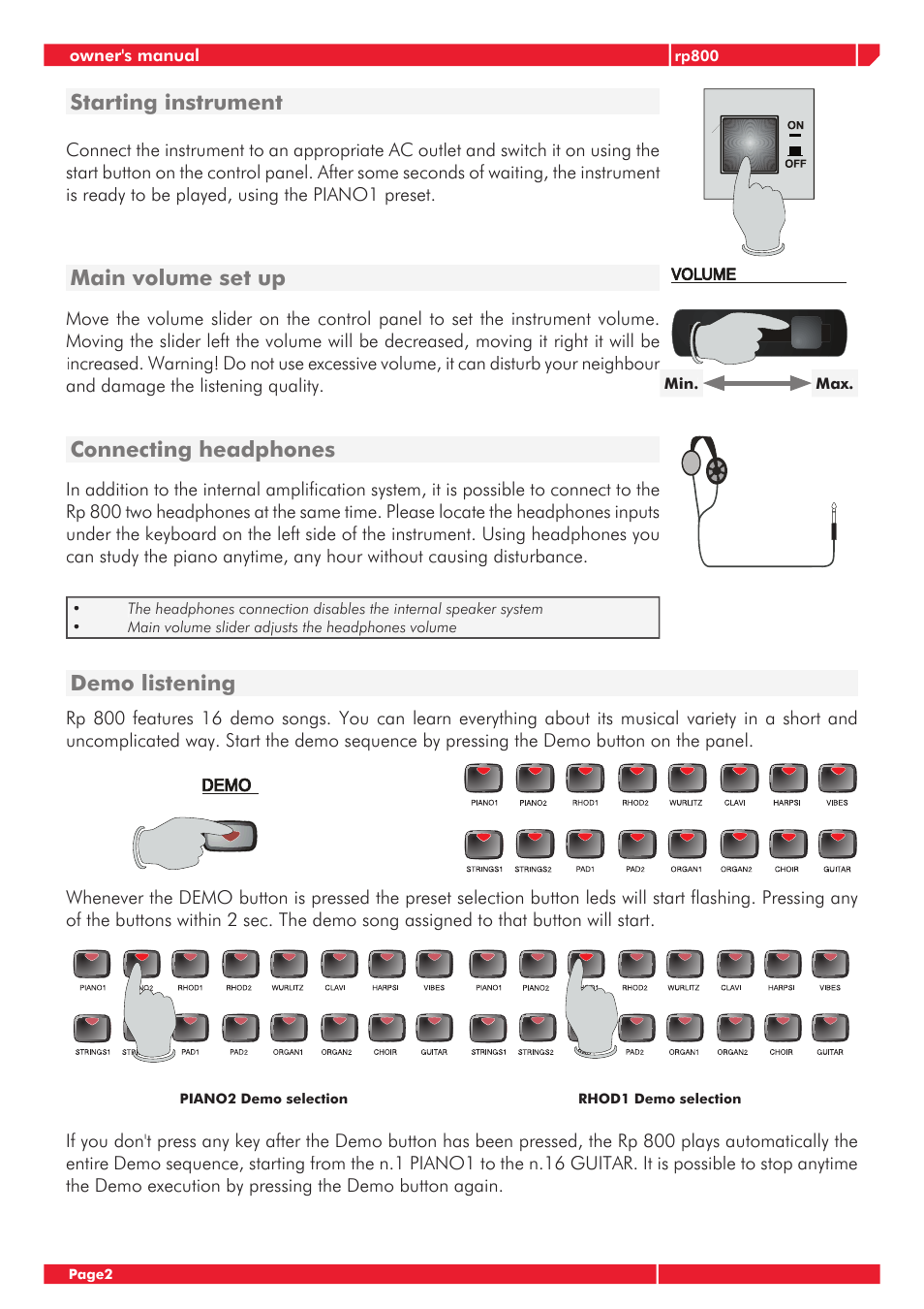 Main volume set up connecting headphones, Starting instrument demo listening | Generalmusic GRP-800 User Manual | Page 6 / 24