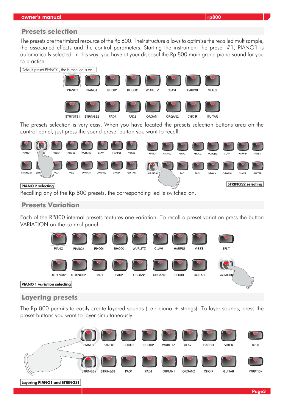 Presets selection, Presets variation, Layering presets | Generalmusic GRP-800 User Manual | Page 7 / 24