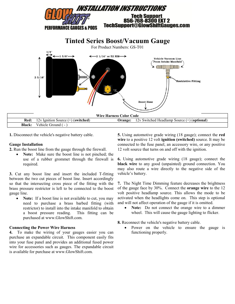 GlowShift Boost / Vacuum Pressure Gauge User Manual | 2 pages