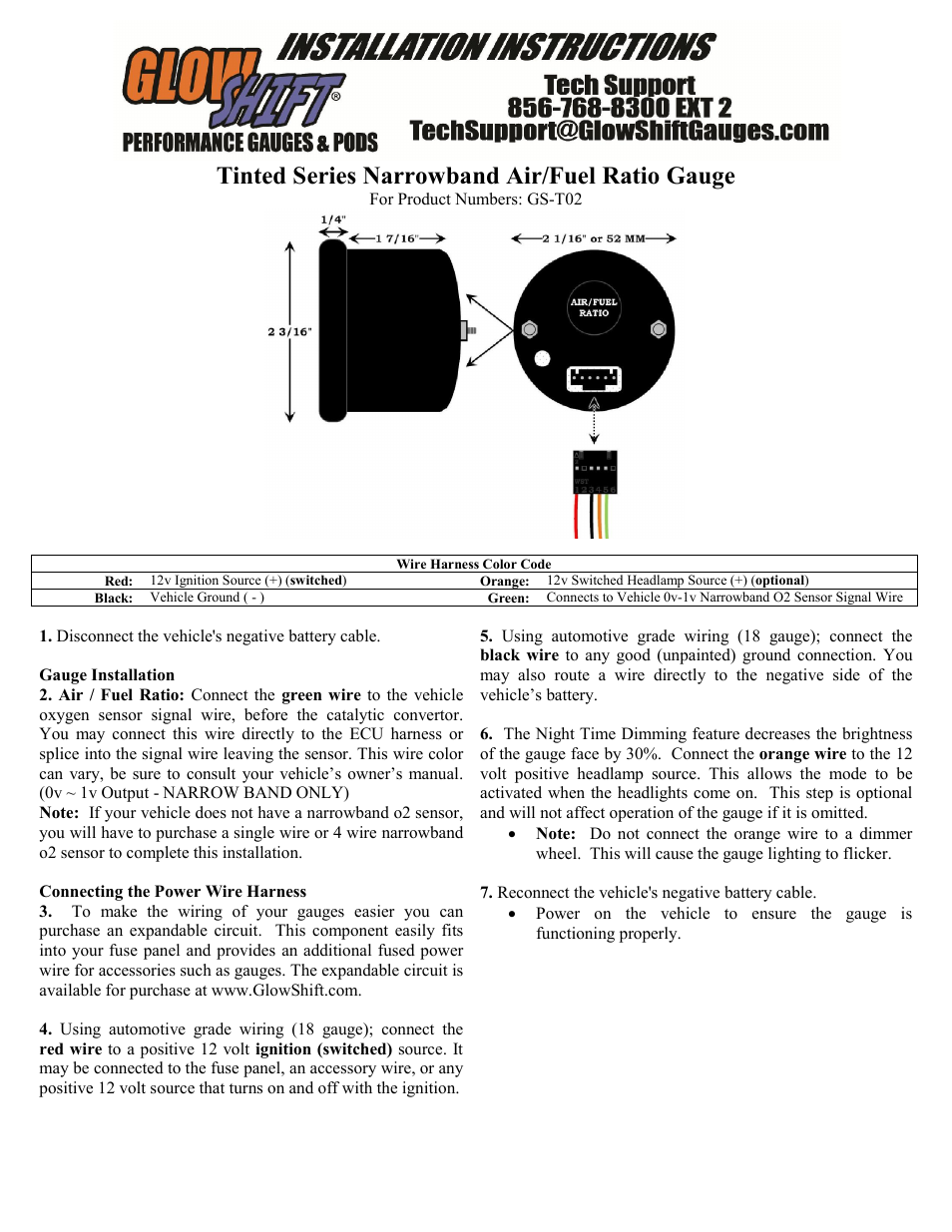 GlowShift Air / Fuel Ratio Gauge User Manual | 2 pages