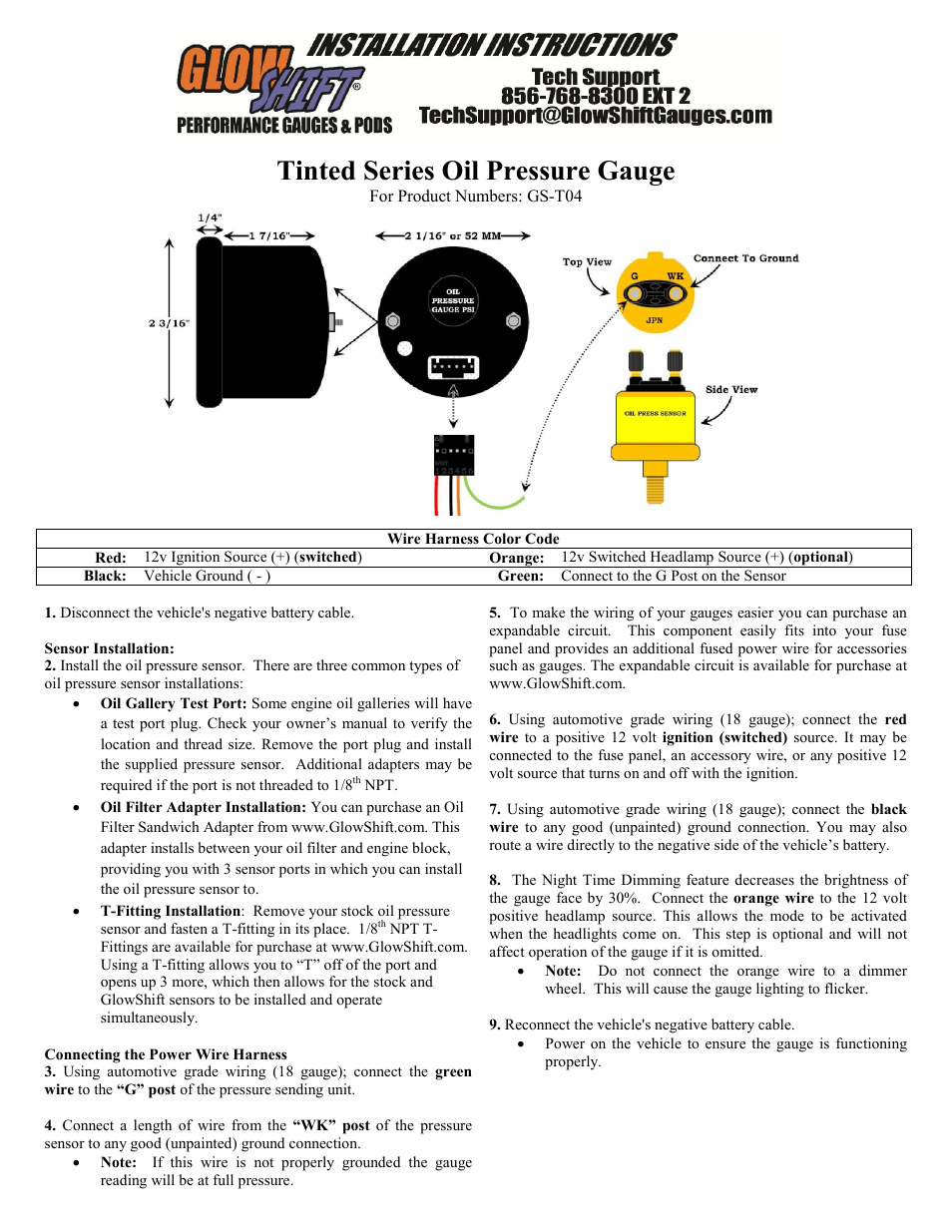 GlowShift Oil Pressure Gauge User Manual | 2 pages