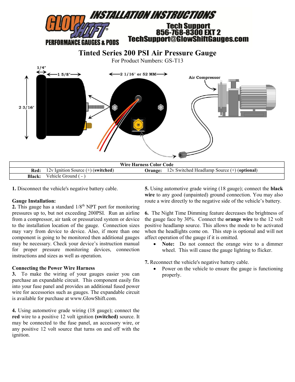 GlowShift Air Pressure Gauge User Manual | 2 pages