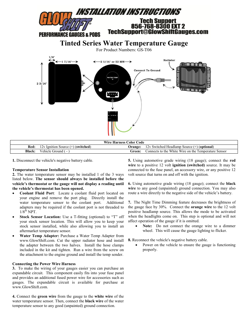 GlowShift Water Temperature Gauge User Manual | 2 pages