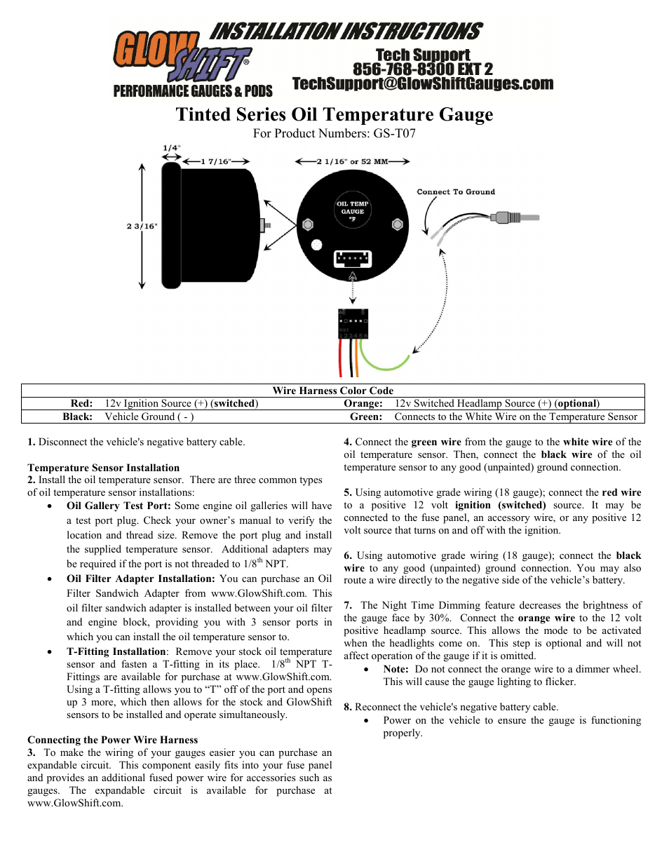 GlowShift Oil Temperature Gauge User Manual | 2 pages