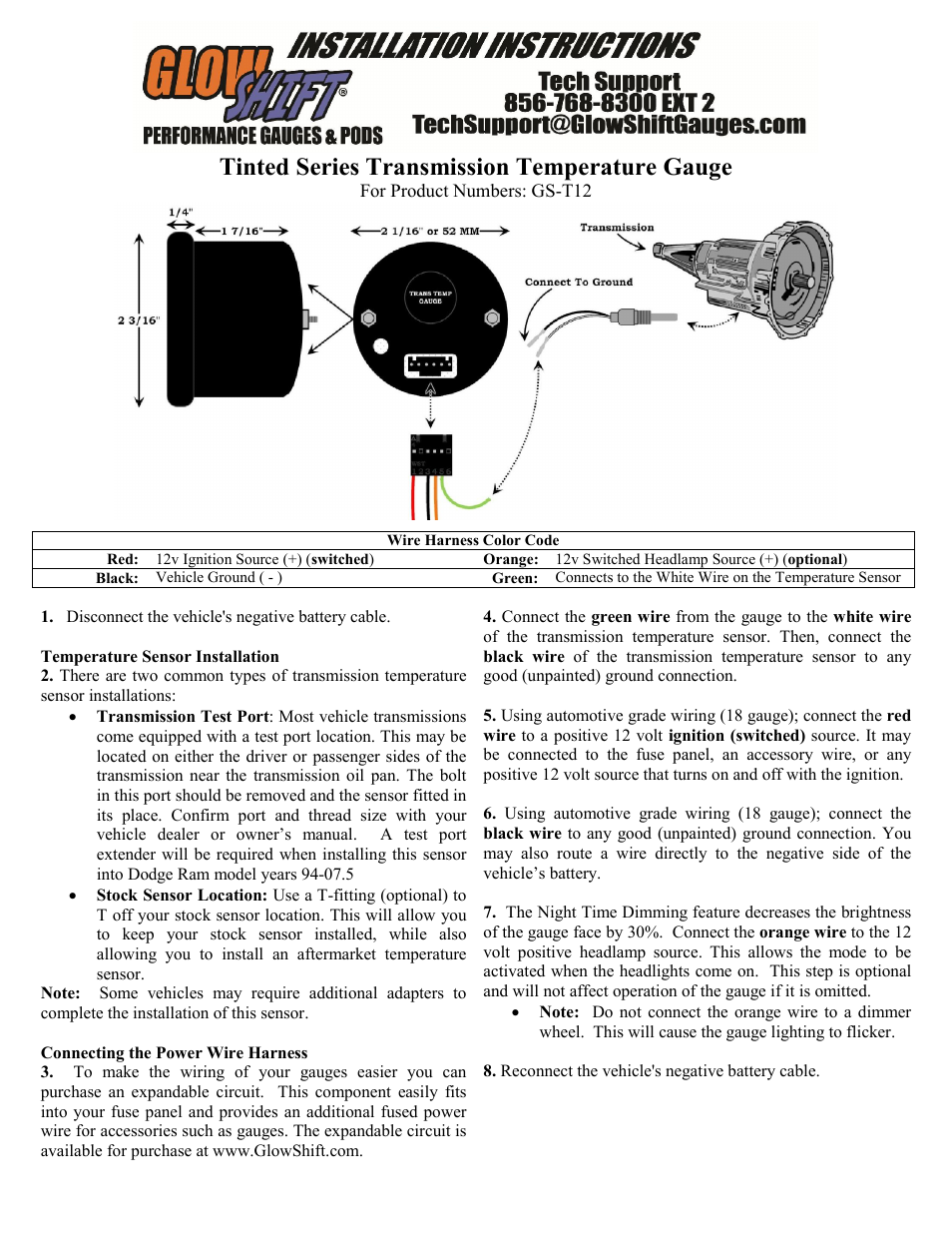 GlowShift Transmission Temperature Gauge User Manual | 2 pages